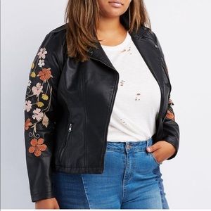 Black, faux leather, floral sleeve, mot jacket 3x